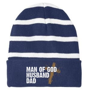 Man Of God Husband Dad Religious Cross Fathers Day Striped Beanie with Solid Band