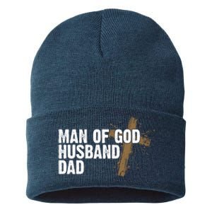 Man Of God Husband Dad Religious Cross Fathers Day Sustainable Knit Beanie