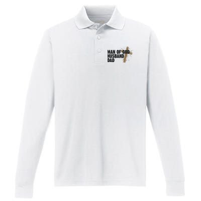 Man Of God Husband Dad Religious Cross Fathers Day Performance Long Sleeve Polo