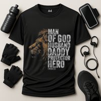 Man Of God Husband Daddy Protector Hero Fathers Gift Dad Cooling Performance Crew T-Shirt