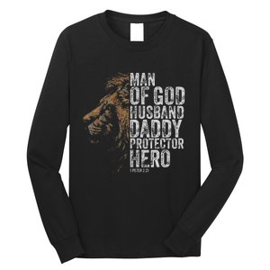 Man Of God Husband Daddy Protector Hero Fathers Gift Dad Long Sleeve Shirt