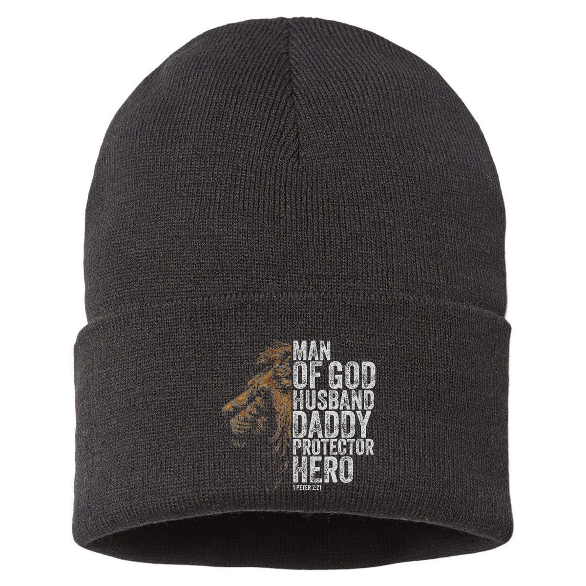 Man Of God Husband Daddy Protector Hero Fathers Gift Dad Sustainable Knit Beanie