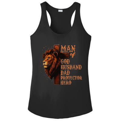 Man Of God Husband Daddy Protector Hero Lion Fathers Day Ladies PosiCharge Competitor Racerback Tank