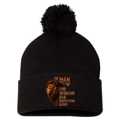 Man Of God Husband Daddy Protector Hero Lion Fathers Day Pom Pom 12in Knit Beanie