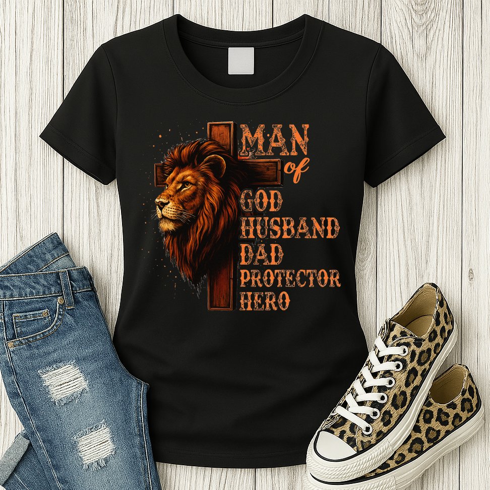 Man Of God Husband Daddy Protector Hero Lion Fathers Day Womens T-Shirt