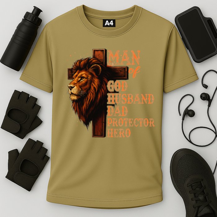 Man Of God Husband Daddy Protector Hero Lion Fathers Day Cooling Performance Crew T-Shirt