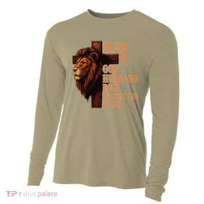 Man Of God Husband Daddy Protector Hero Lion Fathers Day Cooling Performance Long Sleeve Crew