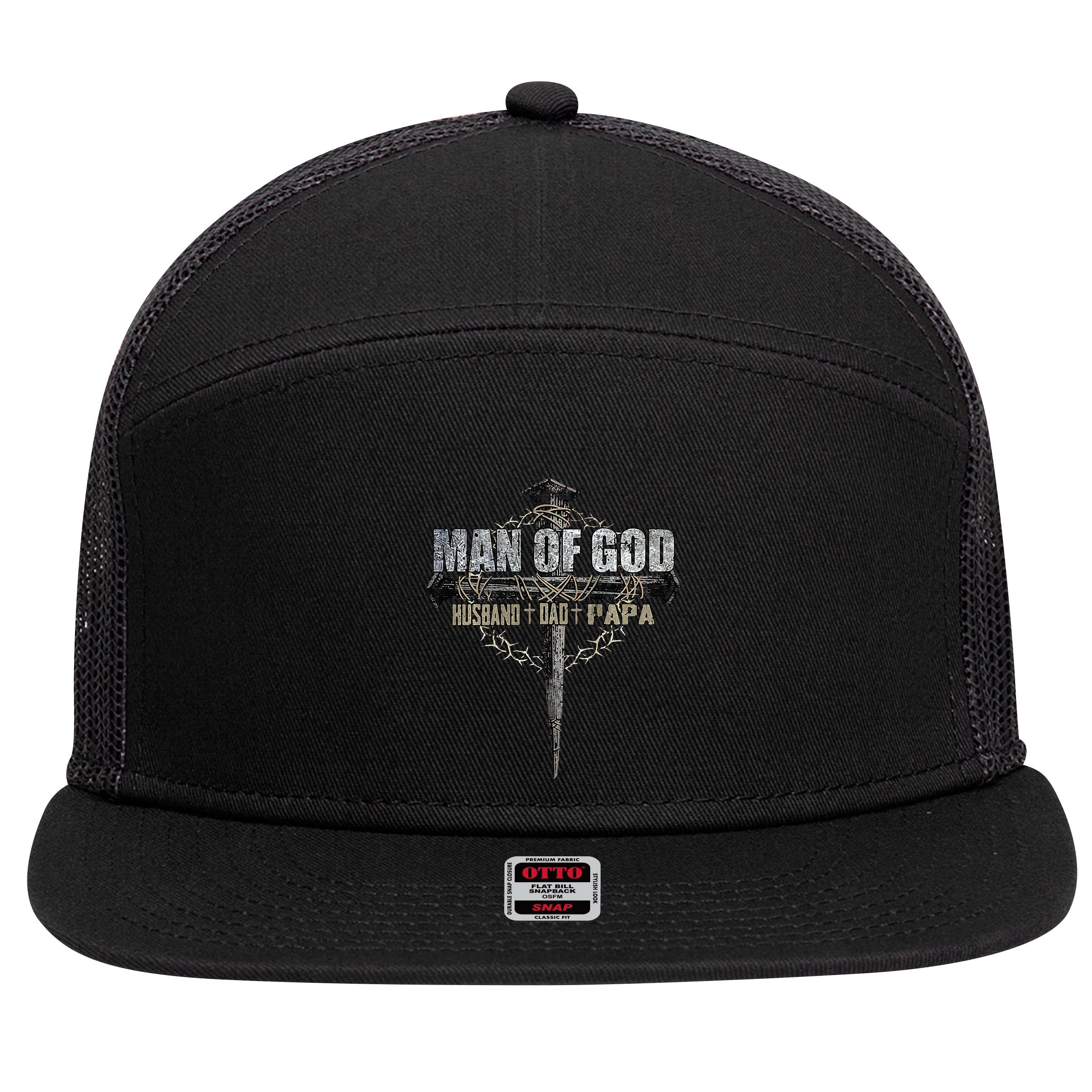 Man Of God Husband Dad Papa Christian Cross FatherS Day 7 Panel Mesh Trucker Snapback Hat