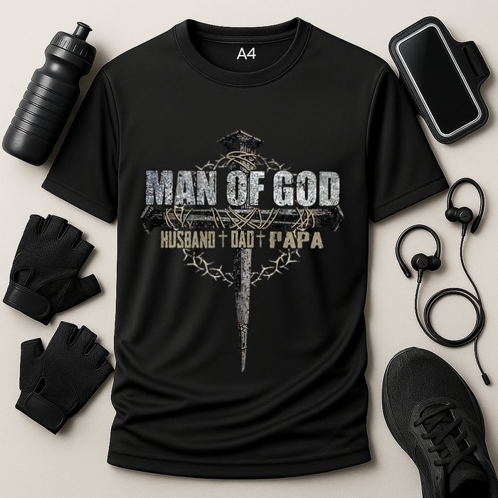 Man Of God Husband Dad Papa Christian Cross FatherS Day Cooling Performance Crew T-Shirt