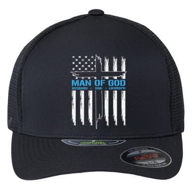Man Of God Cross American Flag Jesus Christian Flexfit Unipanel Trucker Cap