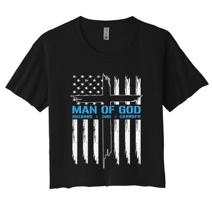 Man Of God Cross American Flag Jesus Christian Women's Crop Top Tee