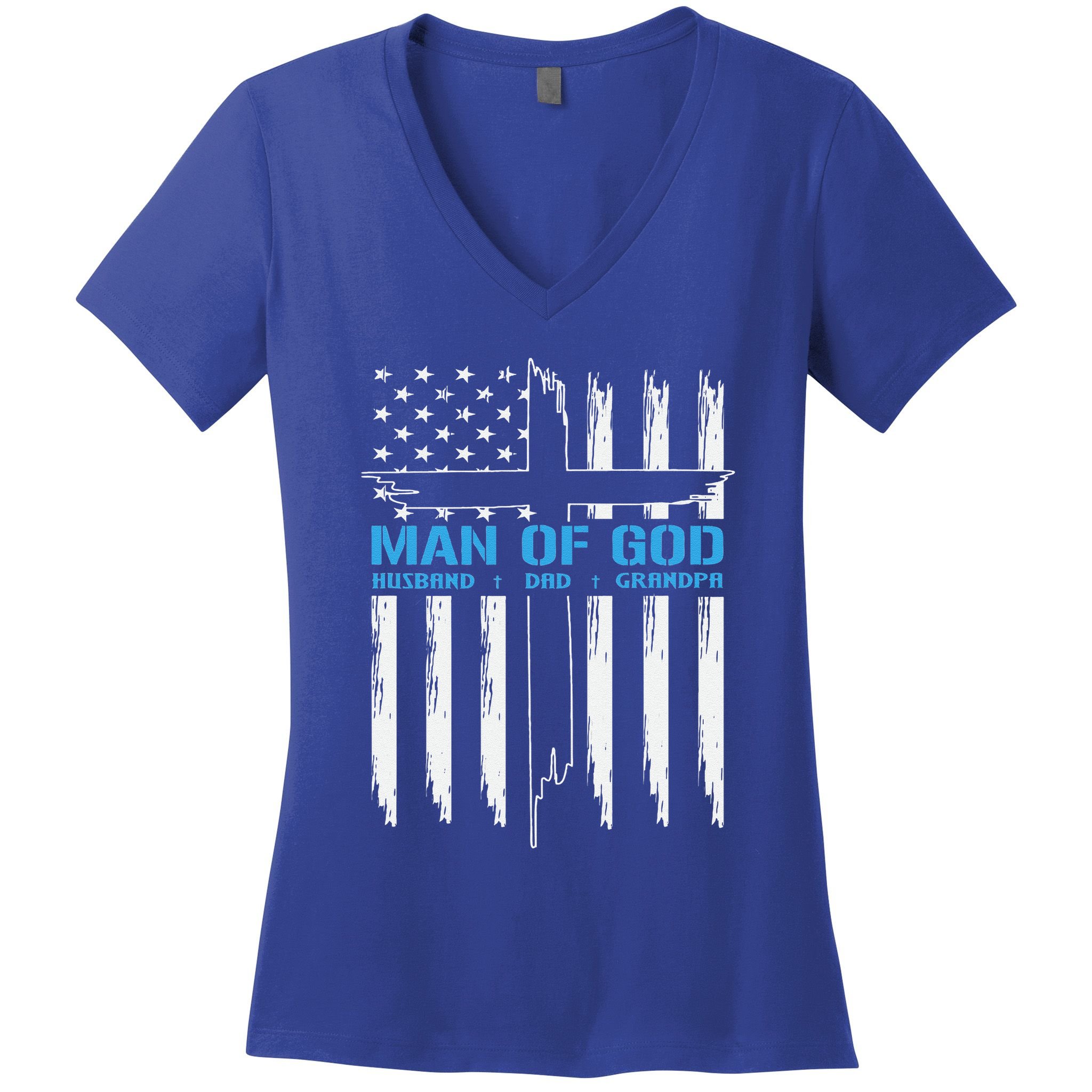 Man Of God Cross American Flag Jesus Christian Women's V-Neck T-Shirt
