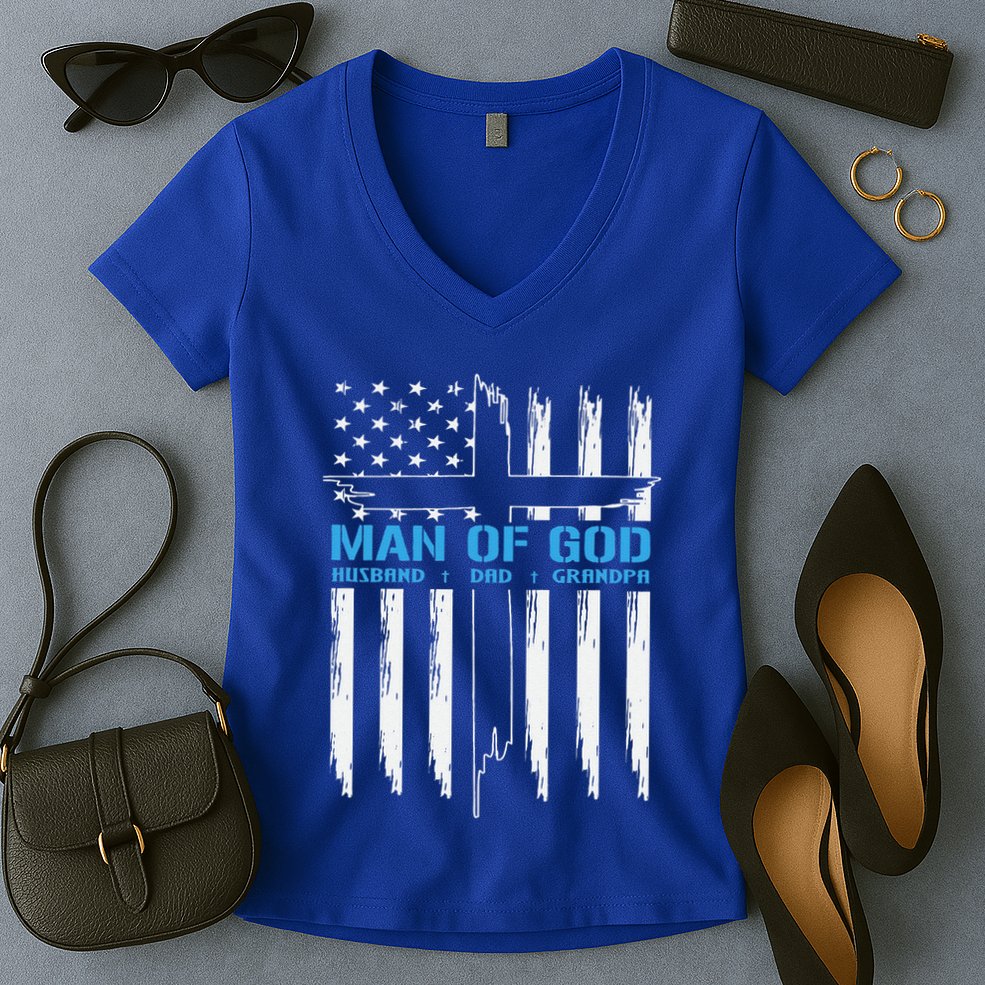 Man Of God Cross American Flag Jesus Christian Women's V-Neck T-Shirt