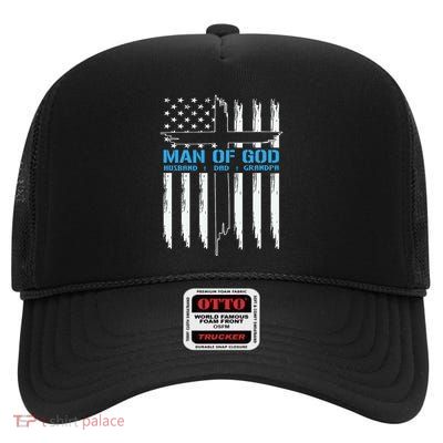 Man Of God Cross American Flag Jesus Christian High Crown Mesh Back Trucker Hat