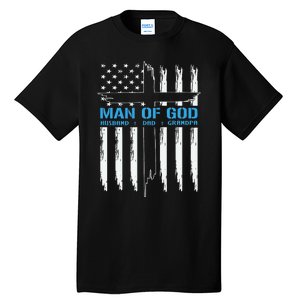 Man Of God Cross American Flag Jesus Christian Tall T-Shirt