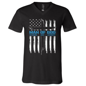 Man Of God Cross American Flag Jesus Christian V-Neck T-Shirt