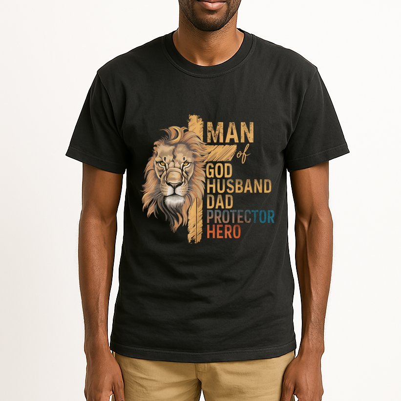 Man Of God Husband Daddy Protector Hero Lion FatherS Day Tall T-Shirt