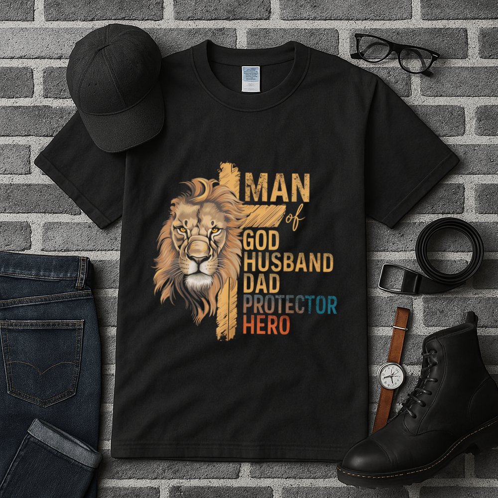 Man Of God Husband Daddy Protector Hero Lion FatherS Day Tall T-Shirt