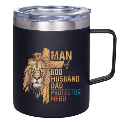 Man Of God Husband Daddy Protector Hero Lion FatherS Day 12oz Stainless Steel Coffee Mug