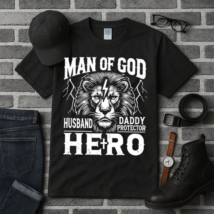 Man Of God Husband Daddy Protector Hero Dad Father's Day Tall T-Shirt