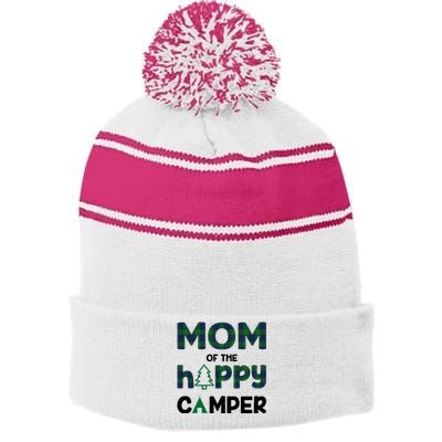 Mom of Happy Camper 1st Birthday Mom Stripe Pom Pom Beanie