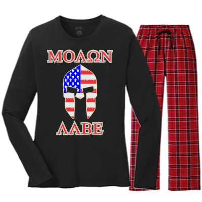 Molon Labe American Flag Spartan Helmet Greek Come and Take Women's Long Sleeve Flannel Pajama Set 