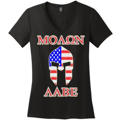 Molon Labe American Flag Spartan Helmet Greek Come and Take Women's V-Neck T-Shirt