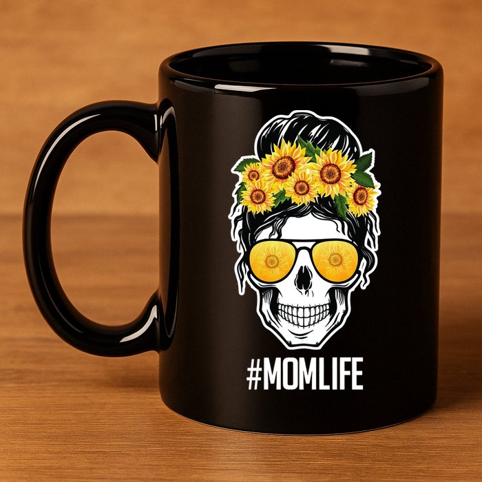 Mom Life Sunflower Skull 11oz C Handle Ceramic Mug