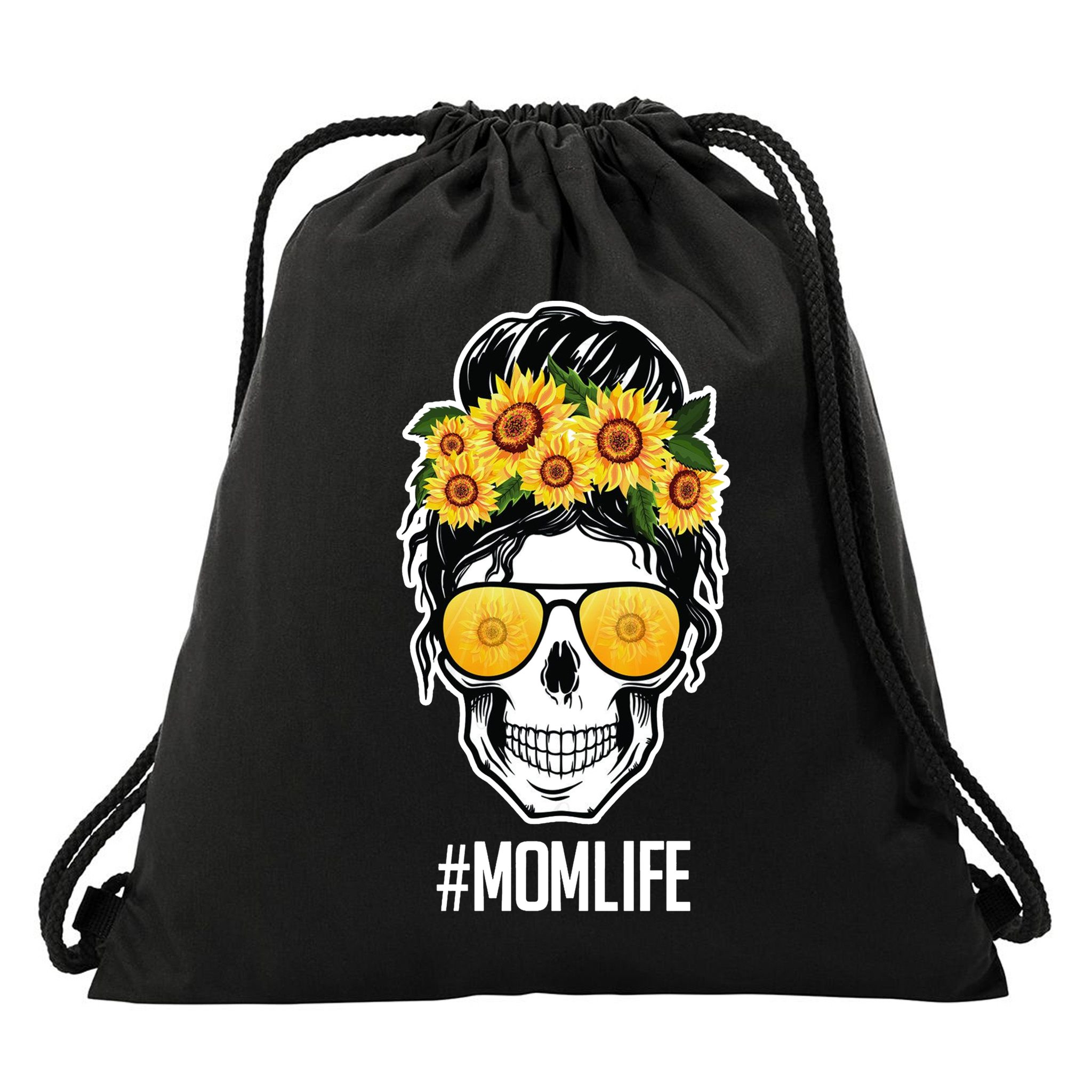 Mom Life Sunflower Skull Drawstring Bag