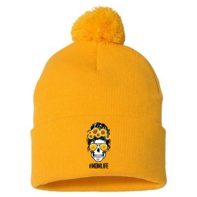 Mom Life Sunflower Skull Pom Pom 12in Knit Beanie