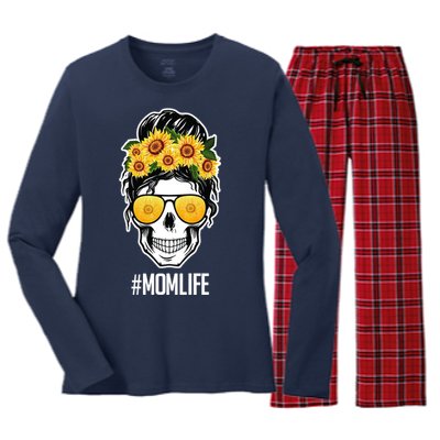 Mom Life Sunflower Skull Women's Long Sleeve Flannel Pajama Set 