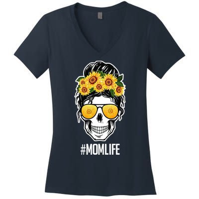 Mom Life Sunflower Skull Women's V-Neck T-Shirt