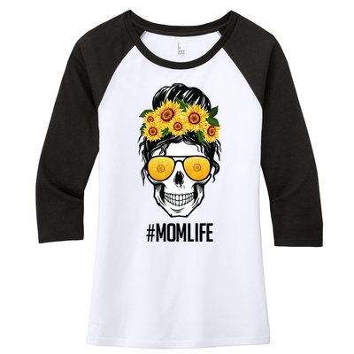 Mom Life Sunflower Skull Women's Tri-Blend 3/4-Sleeve Raglan Shirt