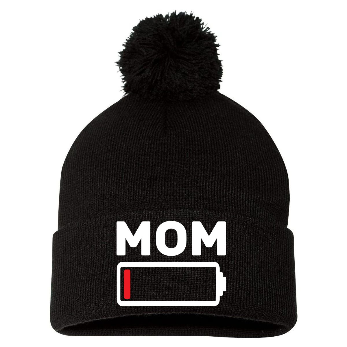 Mom Low Battery Pom Pom 12in Knit Beanie