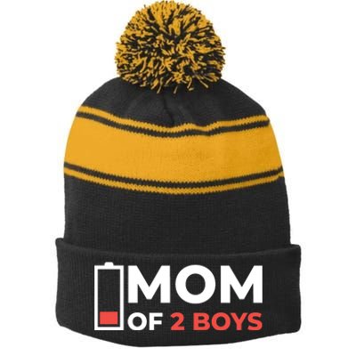 Mom Of 2 Boys Low Battery Stripe Pom Pom Beanie