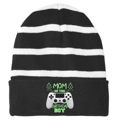 Mom Of The Birthday Boy Striped Beanie with Solid Band