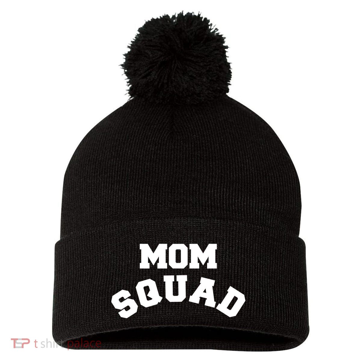 Mom Squad Bold Text Logo Pom Pom 12in Knit Beanie