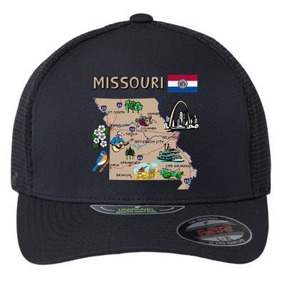 Map of Missouri Landmarks major cities roads flag Flexfit Unipanel Trucker Cap