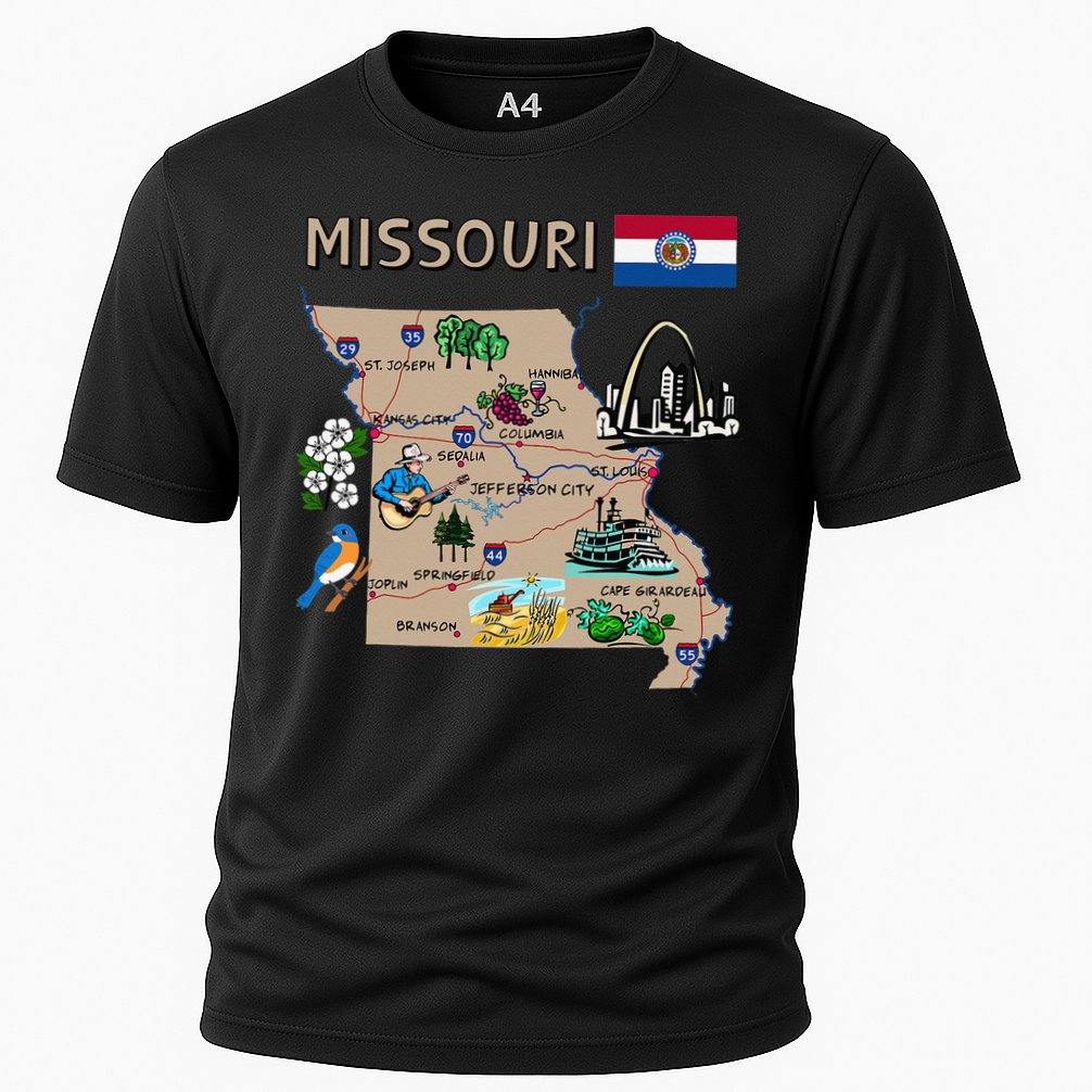 Map of Missouri Landmarks major cities roads flag Cooling Performance Crew T-Shirt