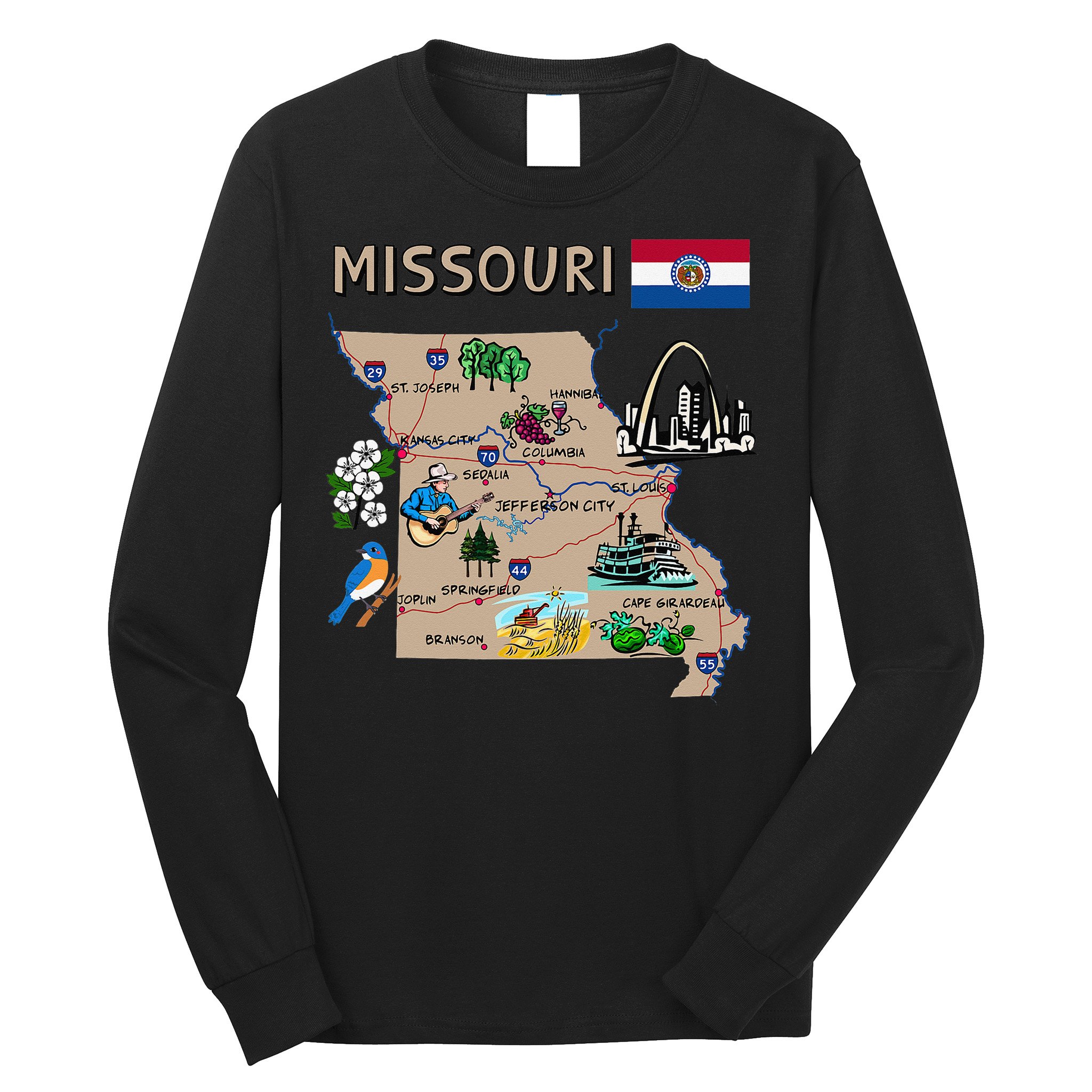 Map of Missouri Landmarks major cities roads flag Long Sleeve Shirt