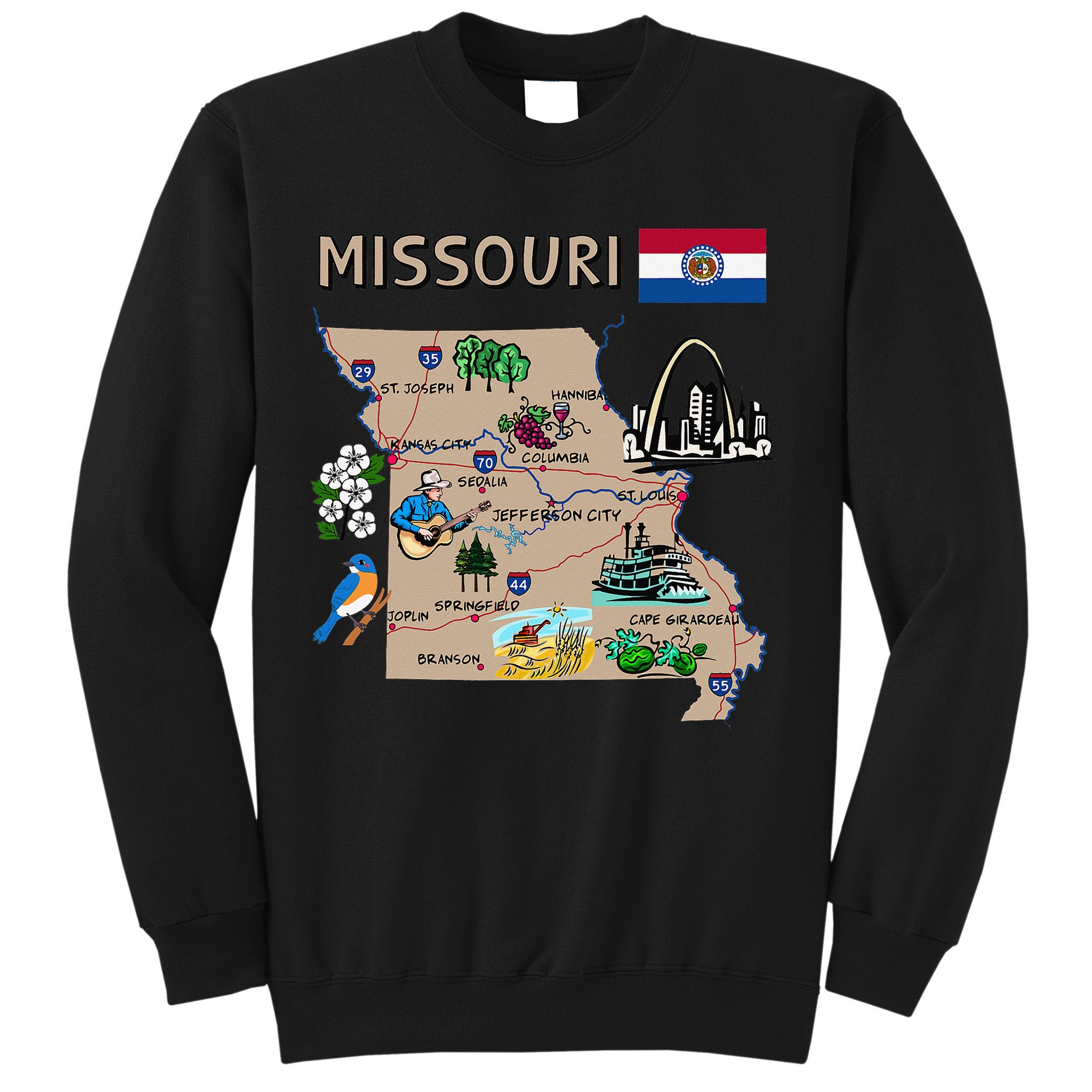 Map of Missouri Landmarks major cities roads flag Sweatshirt