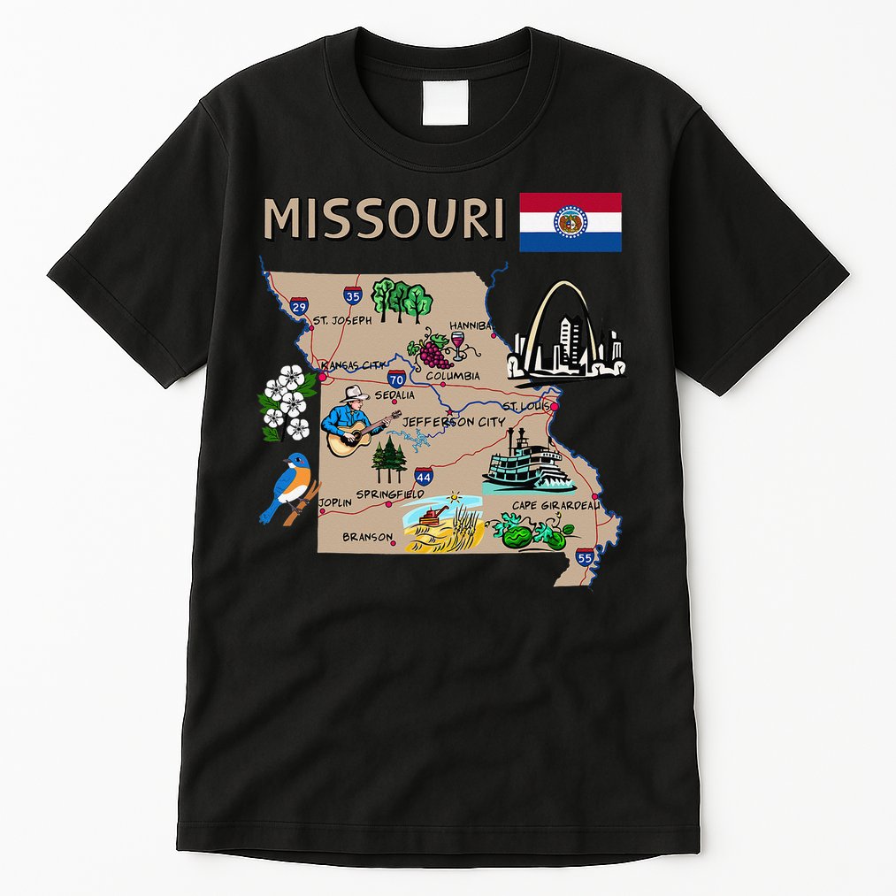 Map of Missouri Landmarks major cities roads flag Tall T-Shirt