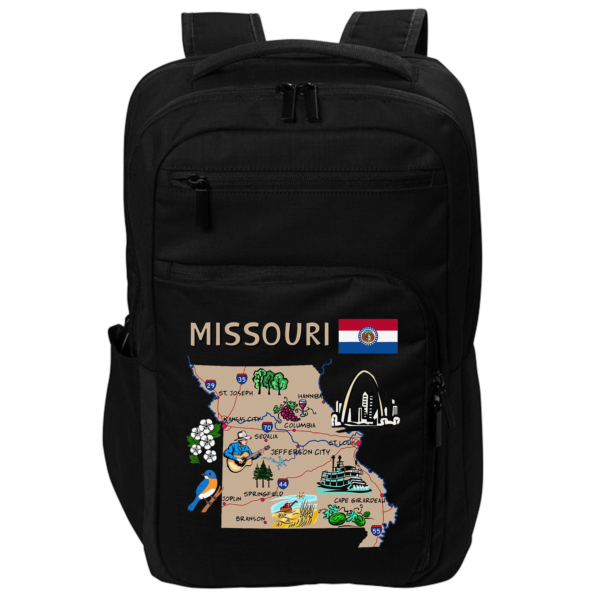 Map of Missouri Landmarks major cities roads flag Impact Tech Backpack