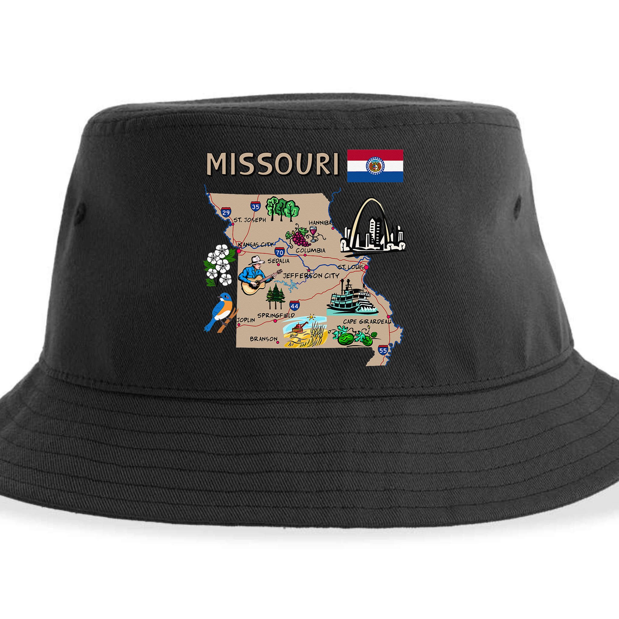Map of Missouri Landmarks major cities roads flag Sustainable Bucket Hat