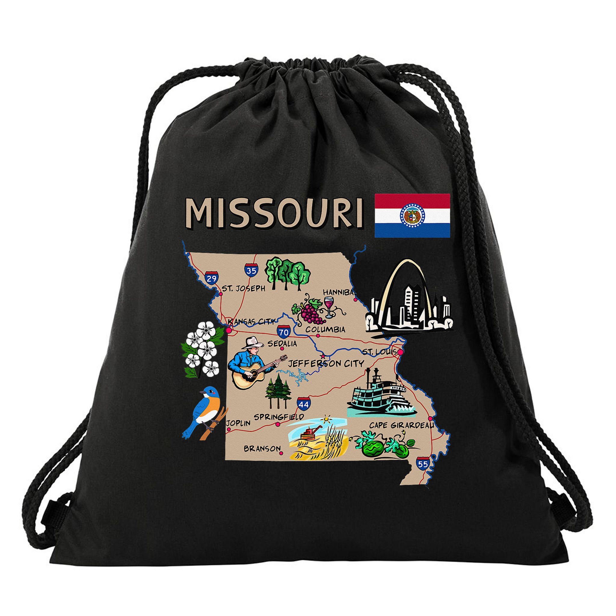 Map of Missouri Landmarks major cities roads flag Drawstring Bag