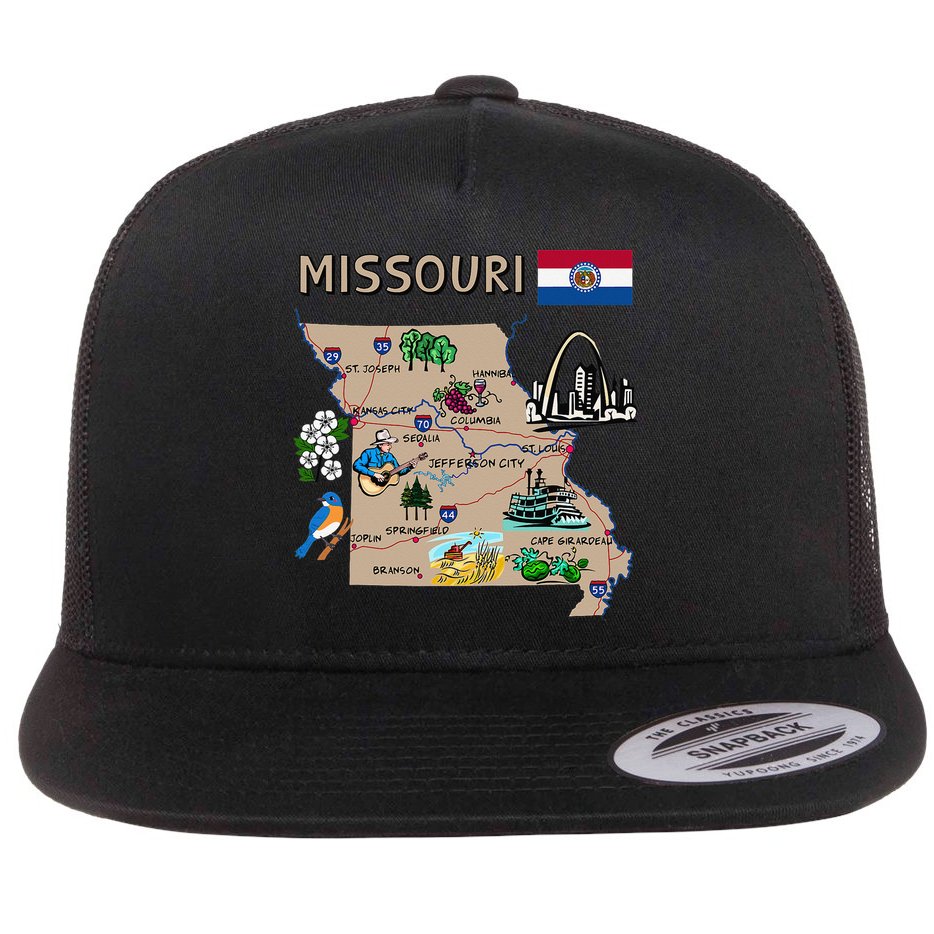 Map of Missouri Landmarks major cities roads flag Flat Bill Trucker Hat