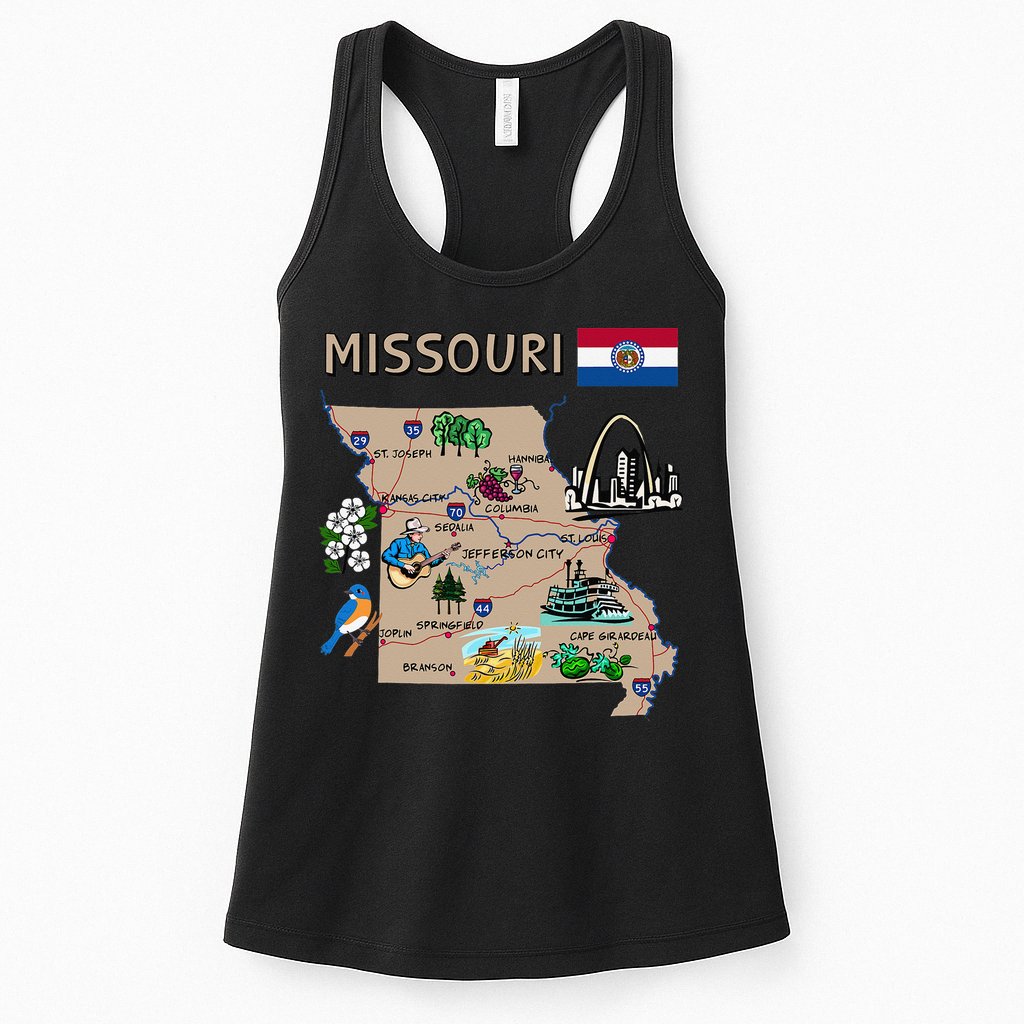 Map of Missouri Landmarks major cities roads flag Womens Tank Top