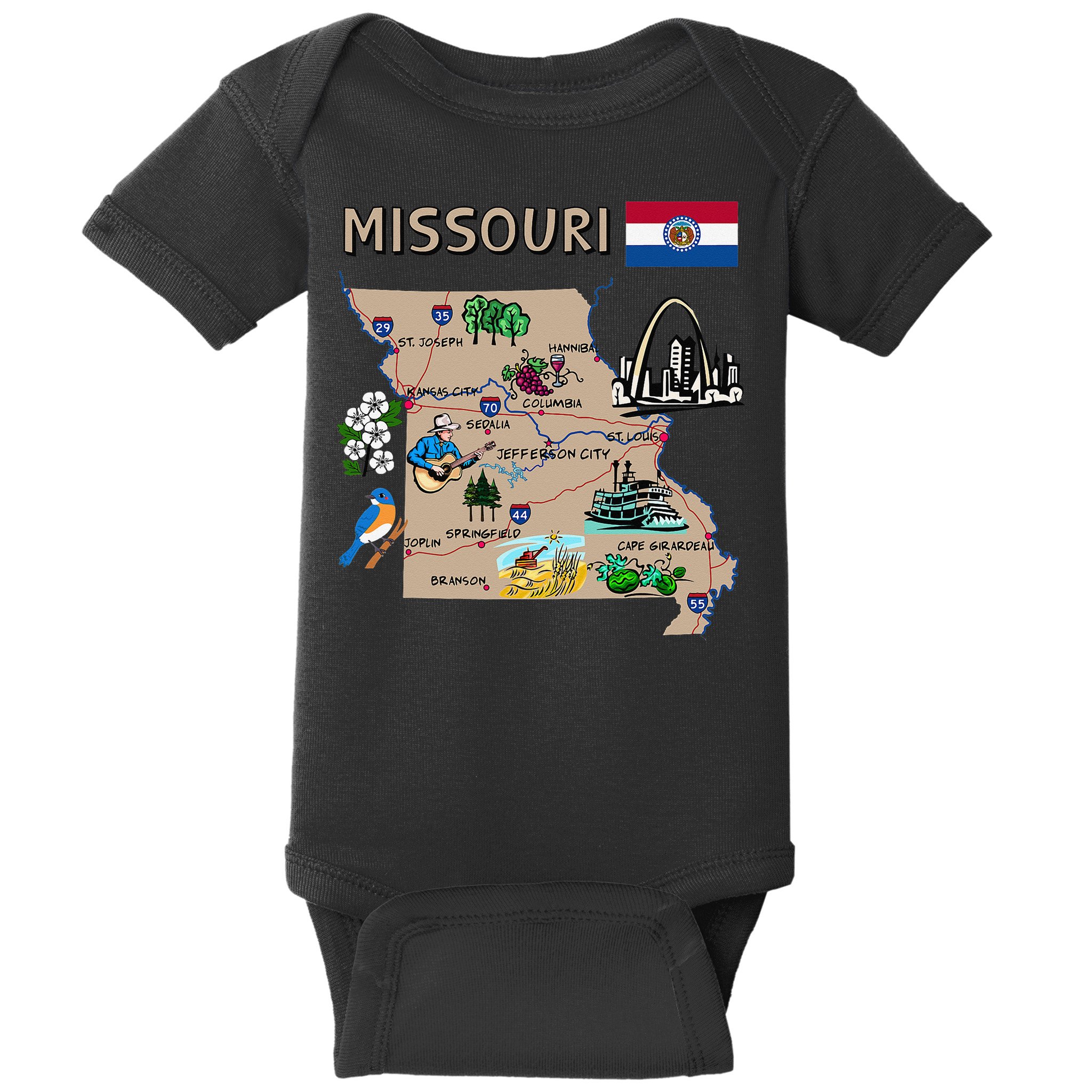 Map of Missouri Landmarks major cities roads flag Baby Bodysuit