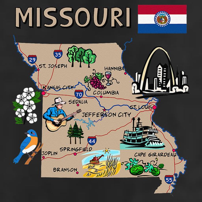 Map of Missouri Landmarks major cities roads flag Hat