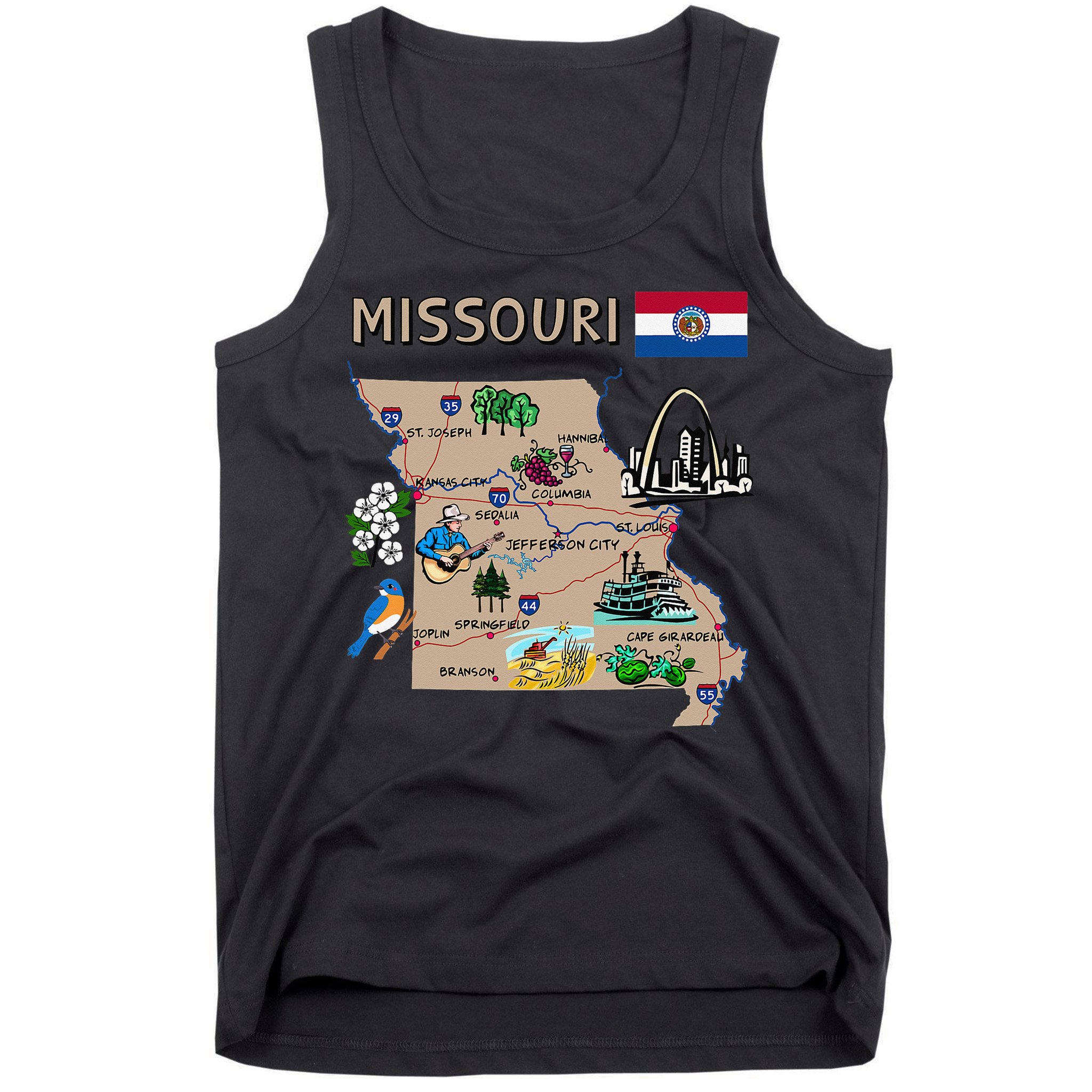 Map of Missouri Landmarks major cities roads flag Tank Top